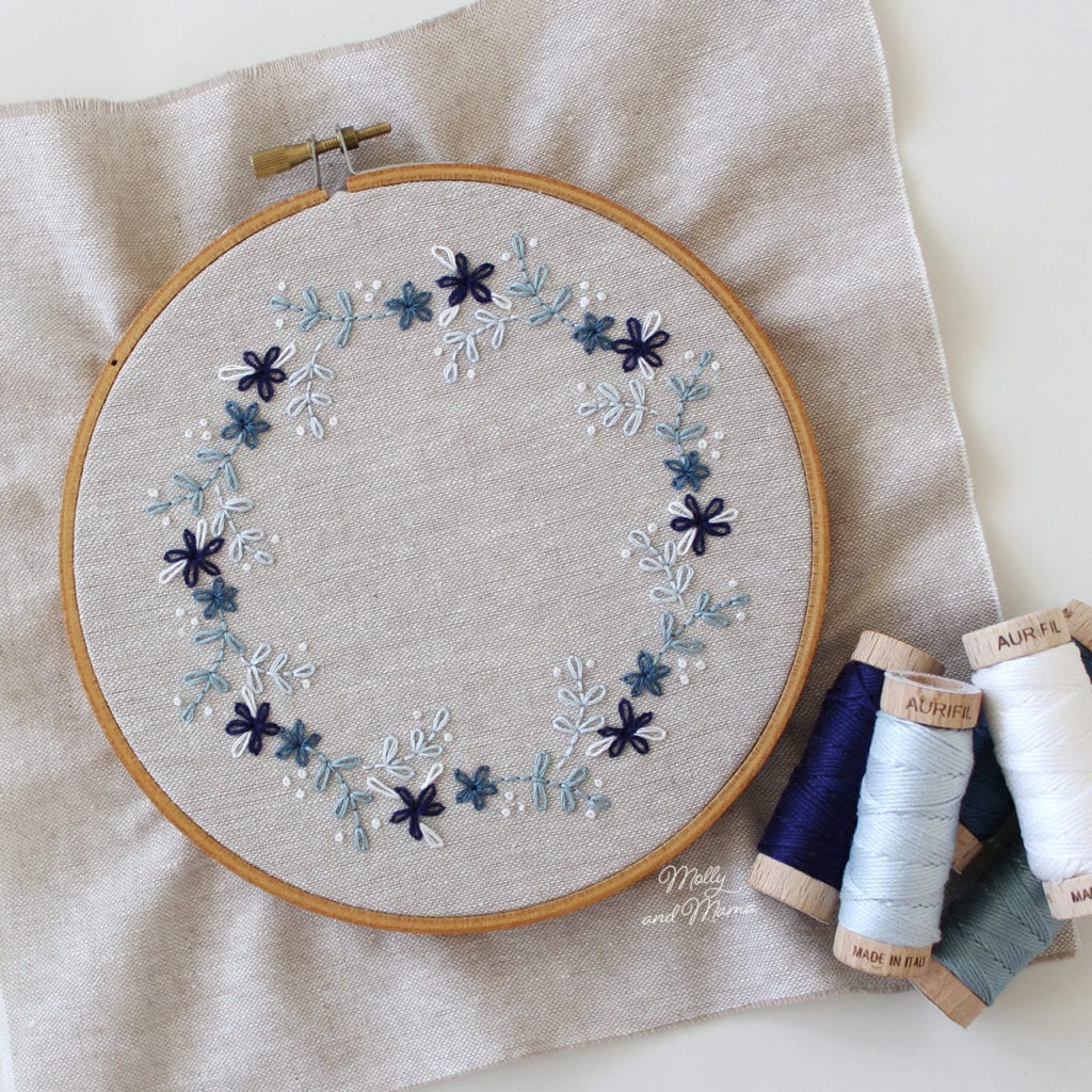 Transferring an embroidery design onto fabric with a blue water-erasable pen