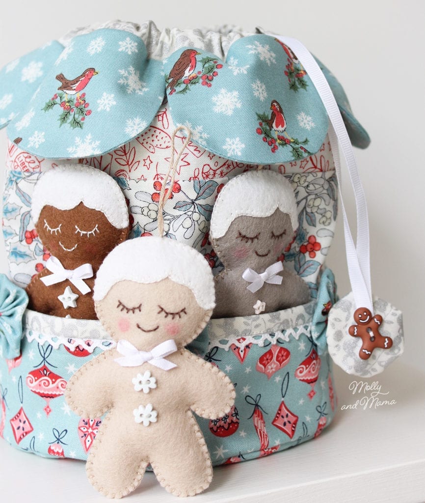 sewing pattern for felt gingerbread ornaments in a Christmas drawstring bag