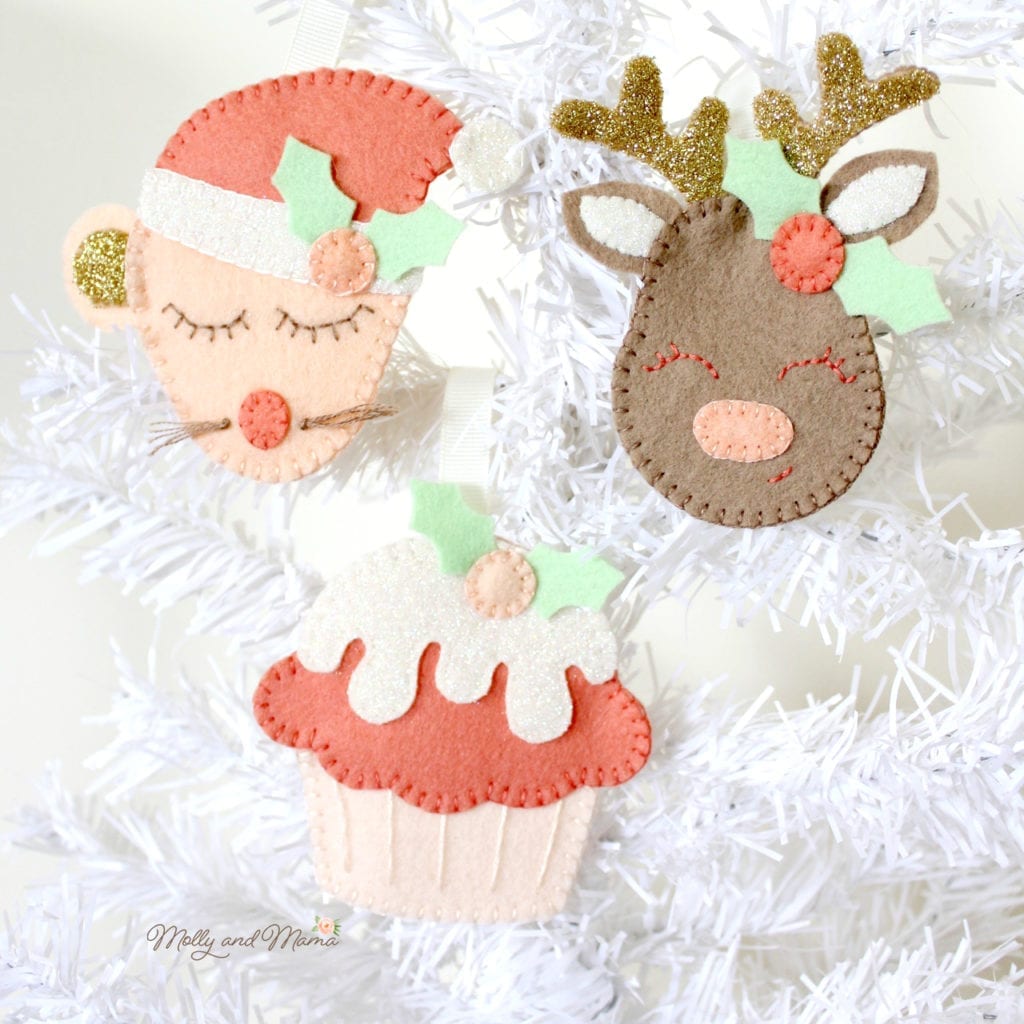 festive felties Christmas sewing pattern for felt reindeer, mouse and cupcake