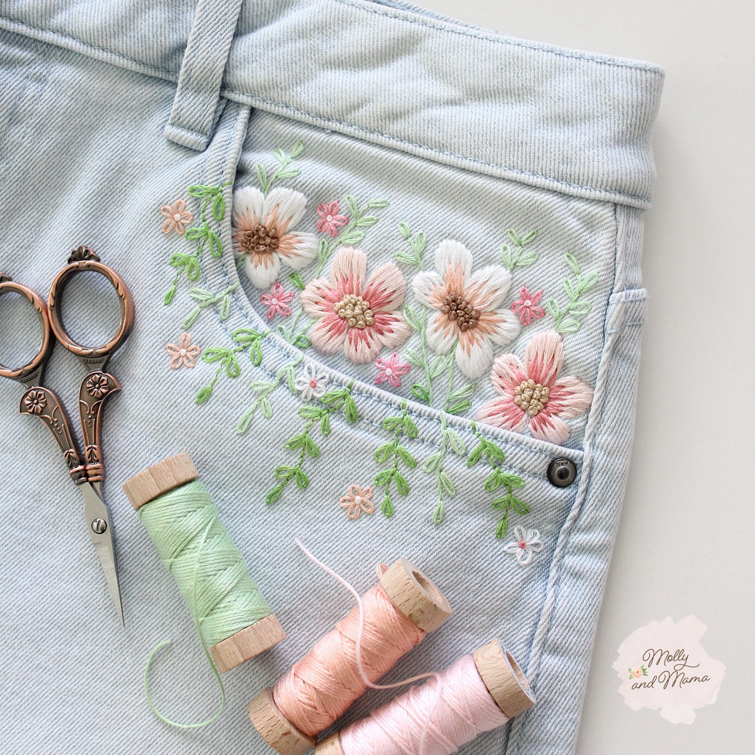 Pretty Embroidered Jeans for Homespun Magazine - Molly and Mama